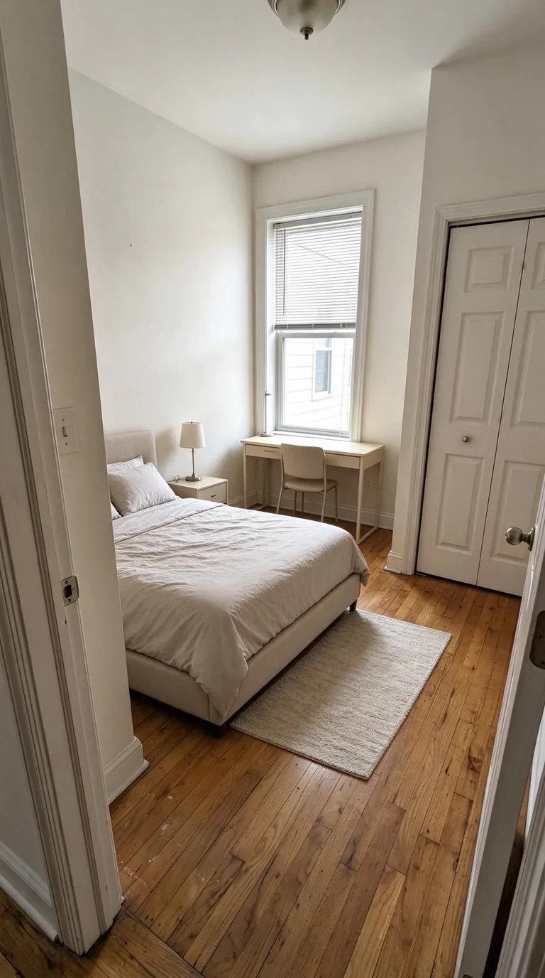 RenderVibe bedroom concept with a bed, desk beneath the window, lamp and small rug