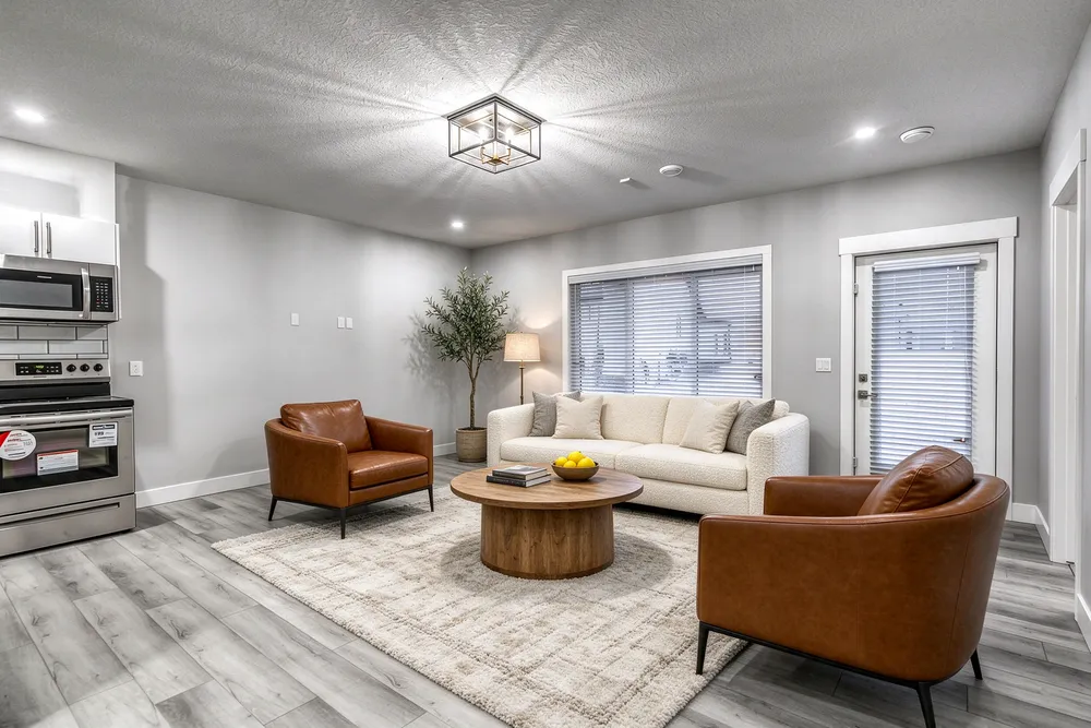 RenderVibe concept with a cream sofa, two brown chairs, an oak coffee table and a rug